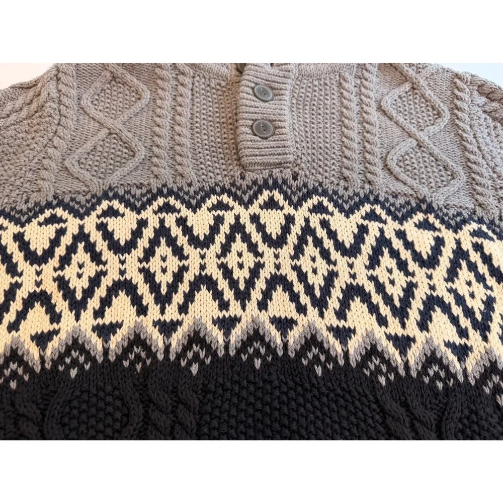LL Bean Signature Mens Gray Fair Isle Cotton Fisherman Henley Sweater Large NWT